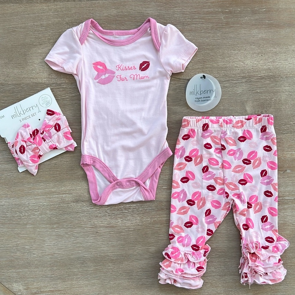 ❤️ Milkberry Baby Girl 3 Piece Set Bodysuit Pants Headband 3-6 months